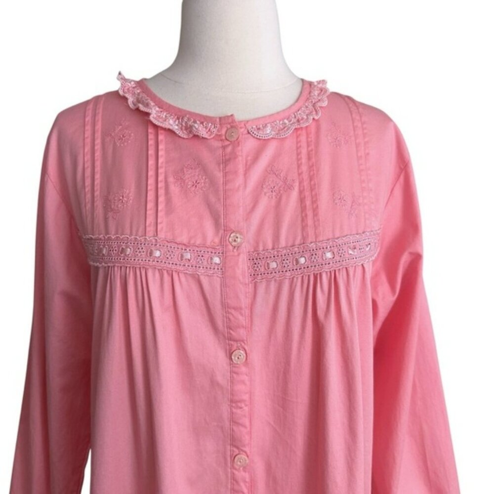 MEY GAAN Vintage 70s Pink Lace Trim Night Dress Cottagecore Loungewear Size S